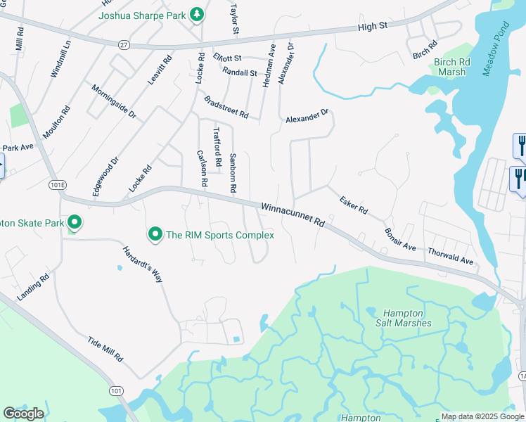 map of restaurants, bars, coffee shops, grocery stores, and more near 384 Winnacunnet Road in Hampton