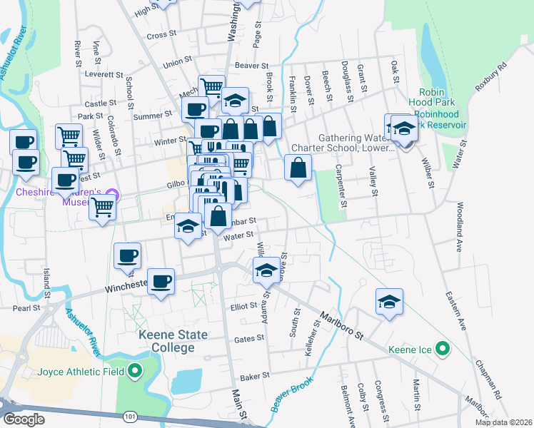 map of restaurants, bars, coffee shops, grocery stores, and more near 63 Community Way in Keene