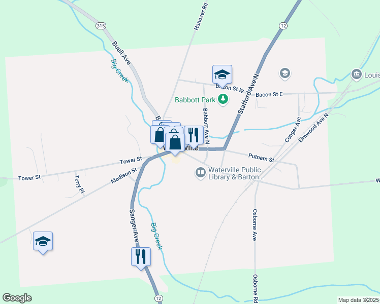 map of restaurants, bars, coffee shops, grocery stores, and more near in Waterville