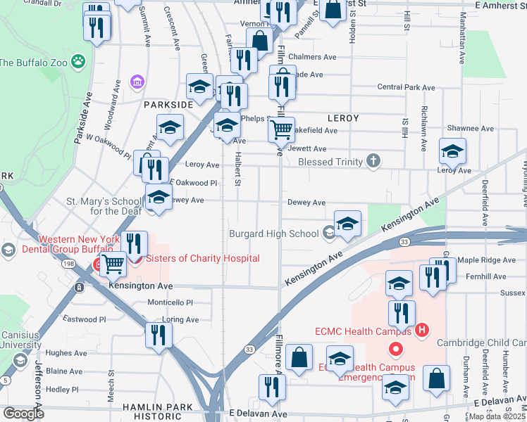 map of restaurants, bars, coffee shops, grocery stores, and more near 200 Dewey Avenue in Buffalo