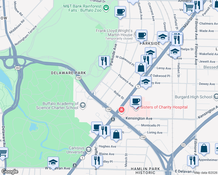 map of restaurants, bars, coffee shops, grocery stores, and more near 76 Woodward Avenue in Buffalo