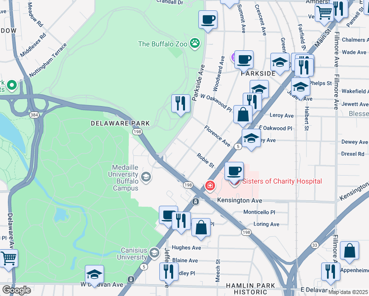 map of restaurants, bars, coffee shops, grocery stores, and more near 76 Woodward Avenue in Buffalo