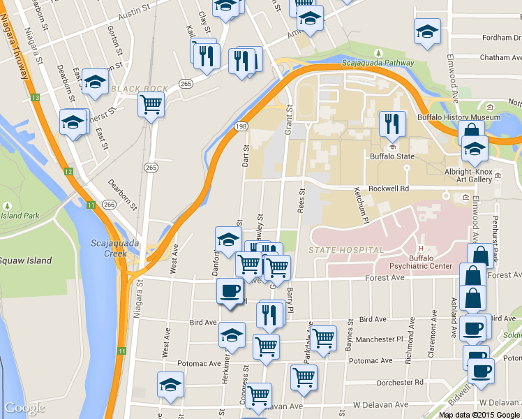 map of restaurants, bars, coffee shops, grocery stores, and more near 129 Hawley Street in Buffalo
