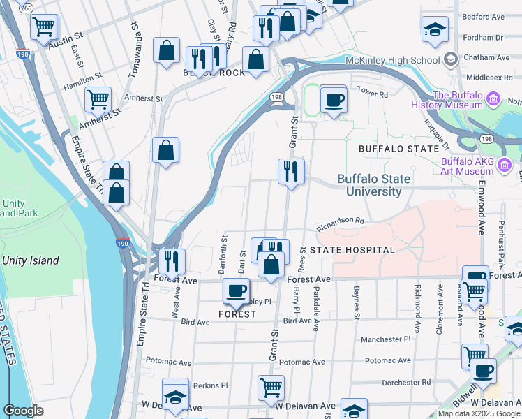 map of restaurants, bars, coffee shops, grocery stores, and more near 135 Dart Street in Buffalo