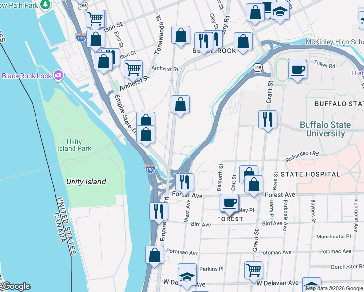 map of restaurants, bars, coffee shops, grocery stores, and more near 72 Tonawanda Street in Buffalo