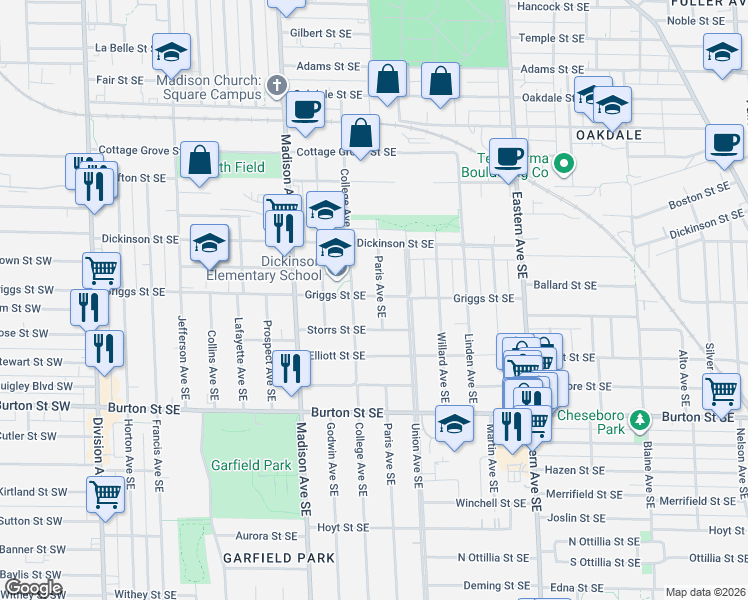 map of restaurants, bars, coffee shops, grocery stores, and more near 1738 Paris Avenue Southeast in Grand Rapids