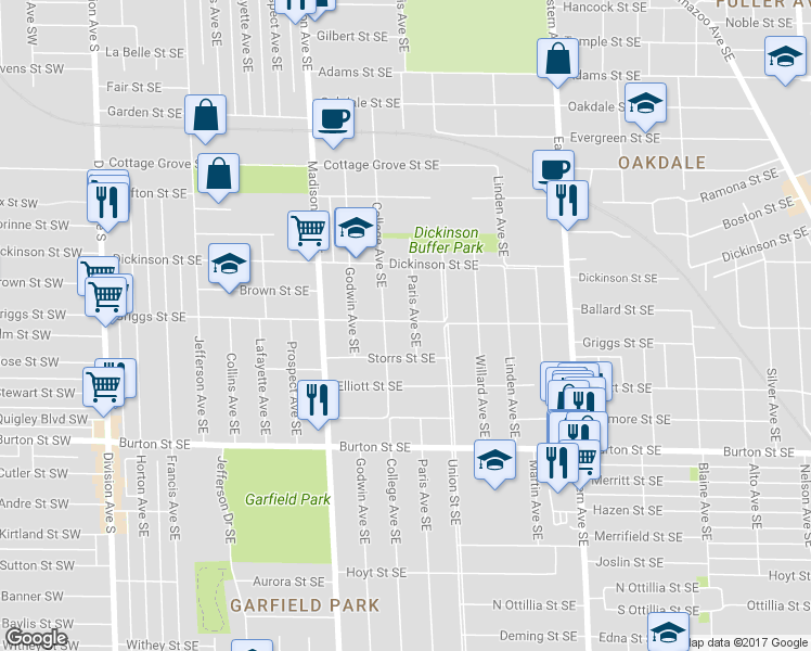 map of restaurants, bars, coffee shops, grocery stores, and more near 1738 Paris Avenue Southeast in Grand Rapids