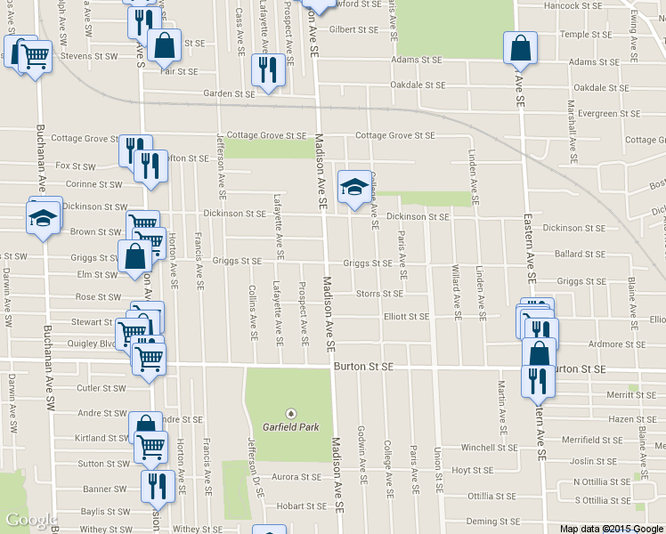map of restaurants, bars, coffee shops, grocery stores, and more near 1741 Godwin Avenue Southeast in Grand Rapids