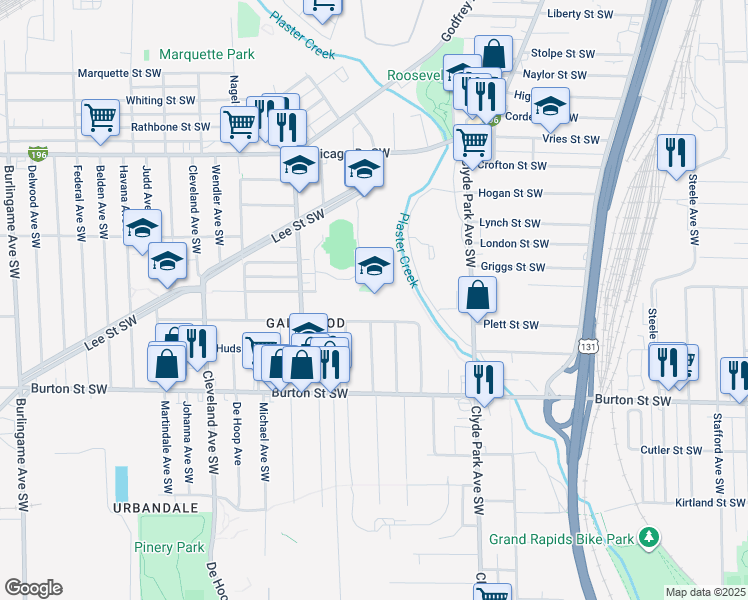 map of restaurants, bars, coffee shops, grocery stores, and more near 961 Joosten Street Southwest in Wyoming