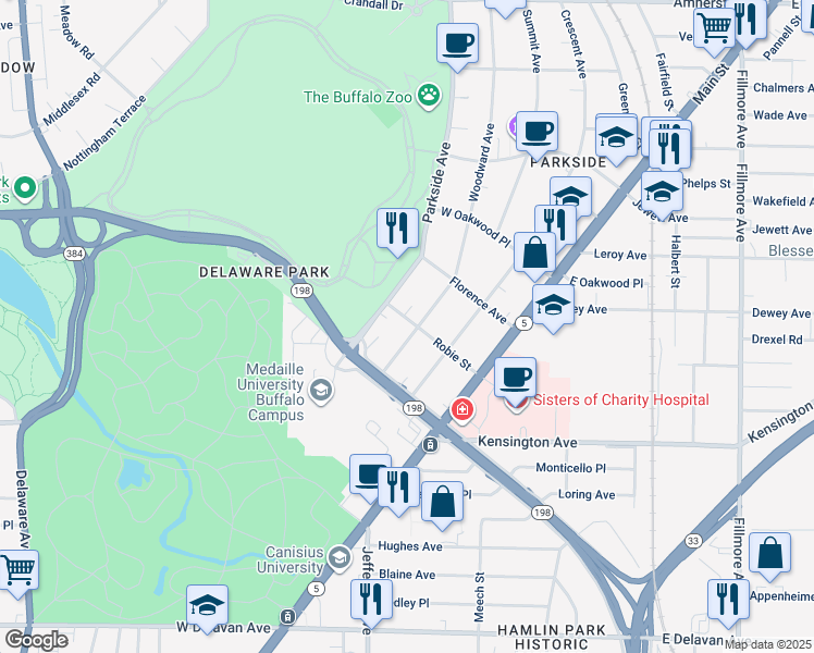 map of restaurants, bars, coffee shops, grocery stores, and more near 76 Woodward Avenue in Buffalo