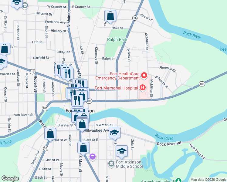 map of restaurants, bars, coffee shops, grocery stores, and more near 307 North 3rd Street in Fort Atkinson