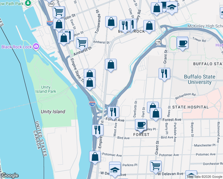 map of restaurants, bars, coffee shops, grocery stores, and more near 72 Tonawanda Street in Buffalo