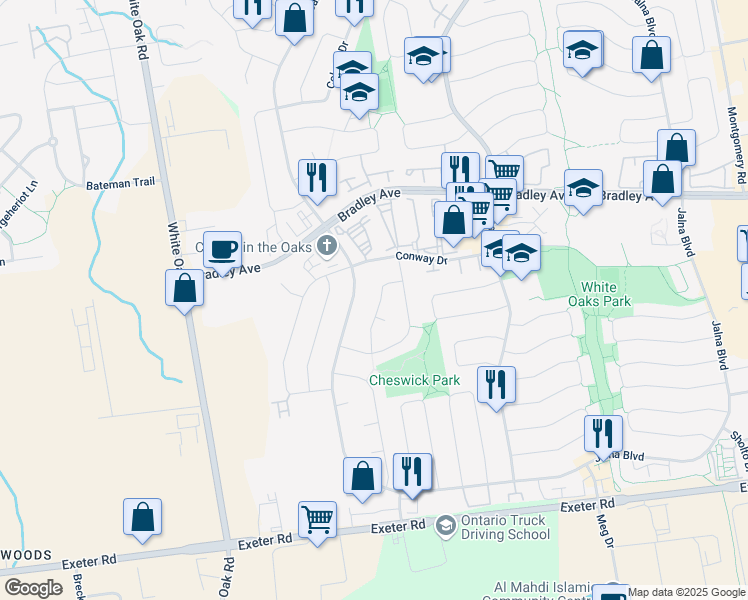 map of restaurants, bars, coffee shops, grocery stores, and more near 26 Sarah Crescent in London