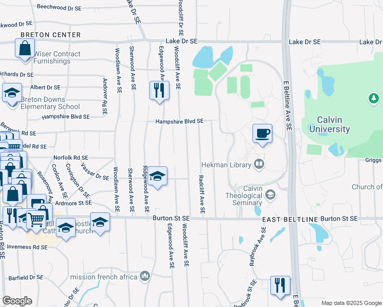 map of restaurants, bars, coffee shops, grocery stores, and more near 1728 Woodcliff Avenue Southeast in Grand Rapids