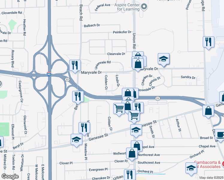 map of restaurants, bars, coffee shops, grocery stores, and more near 41 Colden Court in Buffalo