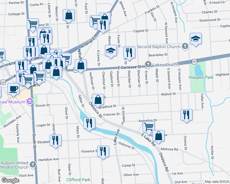 map of restaurants, bars, coffee shops, grocery stores, and more near 23 Howard Street in Auburn