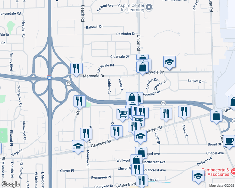 map of restaurants, bars, coffee shops, grocery stores, and more near 41 Colden Court in Buffalo