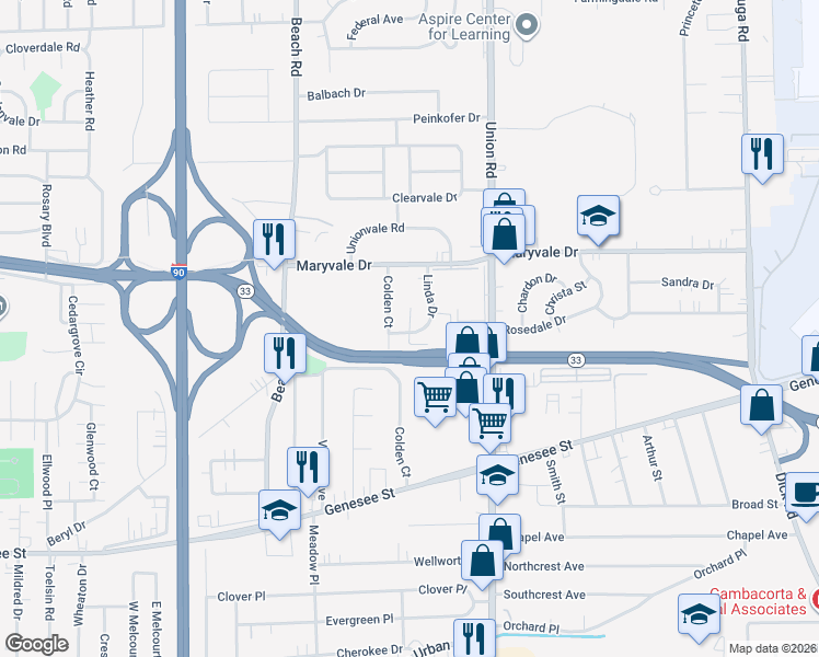 map of restaurants, bars, coffee shops, grocery stores, and more near 41 Colden Court in Buffalo