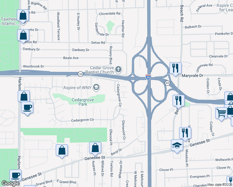 map of restaurants, bars, coffee shops, grocery stores, and more near 9-13 Sandstone Drive in Cheektowaga