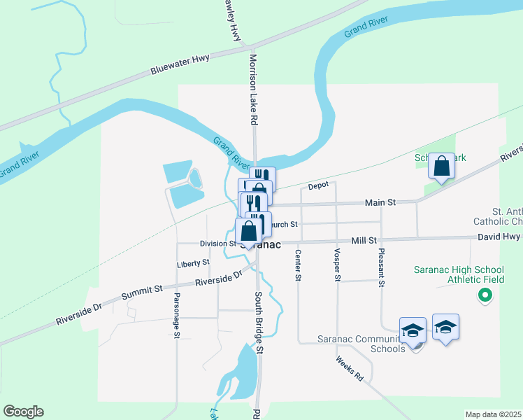 map of restaurants, bars, coffee shops, grocery stores, and more near 107 North Bridge Street in Saranac