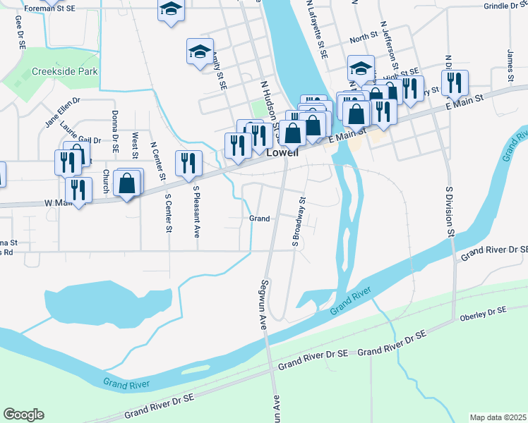 map of restaurants, bars, coffee shops, grocery stores, and more near 218 South Hudson Street in Lowell