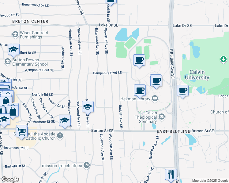 map of restaurants, bars, coffee shops, grocery stores, and more near 1728 Woodcliff Avenue Southeast in Grand Rapids