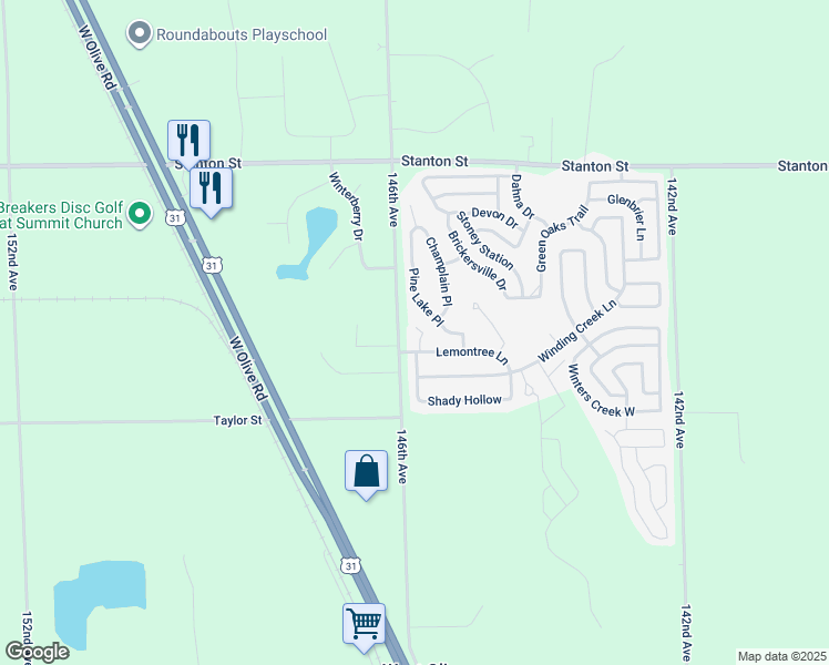 map of restaurants, bars, coffee shops, grocery stores, and more near 8937-9111 Pine Lake Pl in West Olive