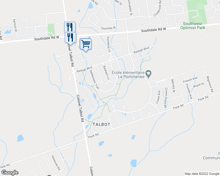 map of restaurants, bars, coffee shops, grocery stores, and more near 3322 Settlement Trail in London