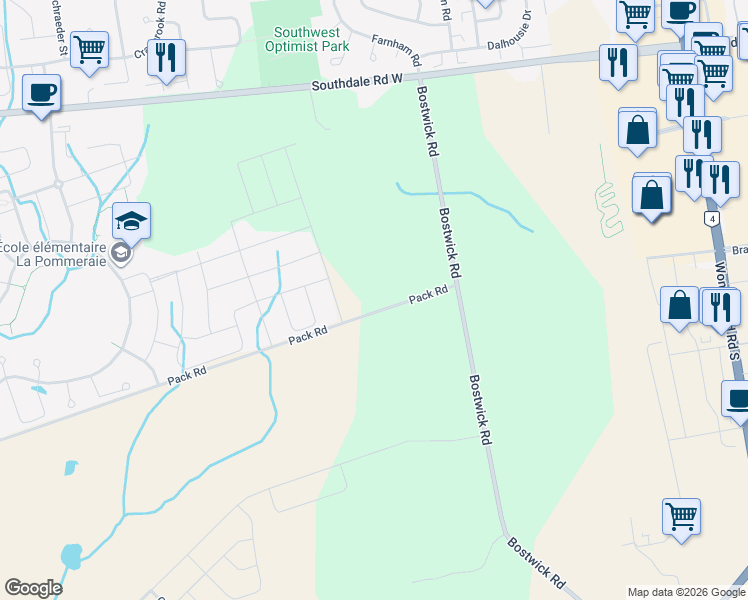 map of restaurants, bars, coffee shops, grocery stores, and more near 6092 Pack Road in London