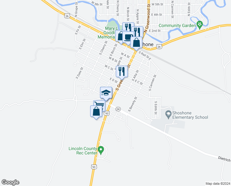 map of restaurants, bars, coffee shops, grocery stores, and more near 607 South Greenwood Street in Shoshone