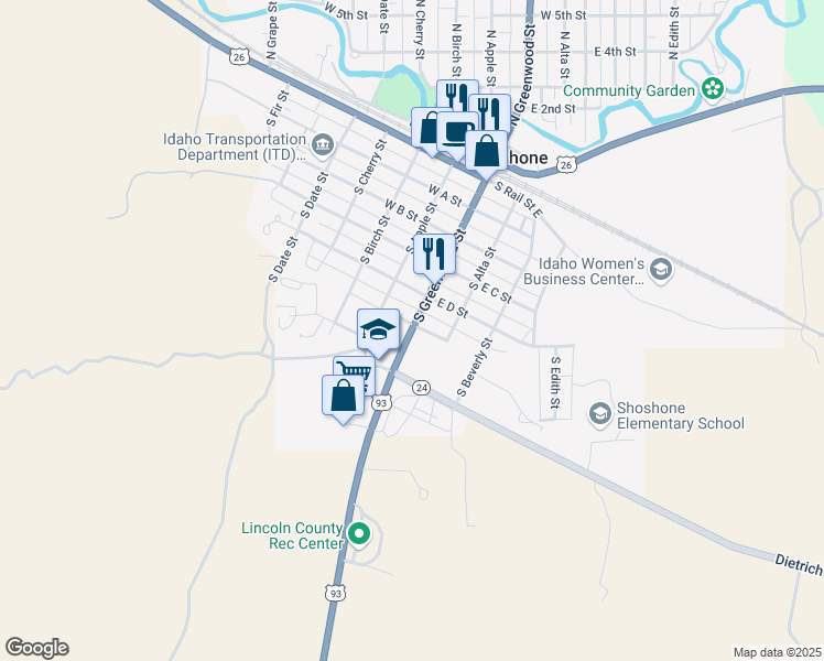 map of restaurants, bars, coffee shops, grocery stores, and more near 607 South Greenwood Street in Shoshone