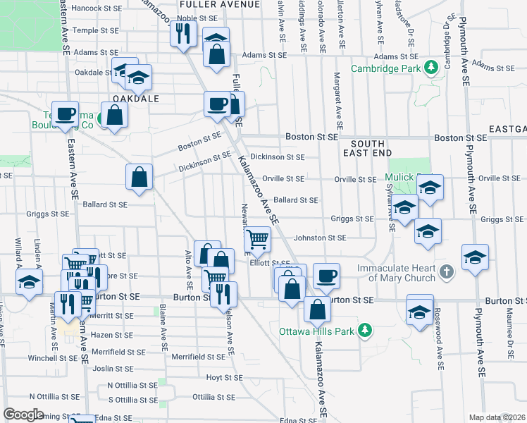 map of restaurants, bars, coffee shops, grocery stores, and more near 1236 Ballard Street Southeast in Grand Rapids