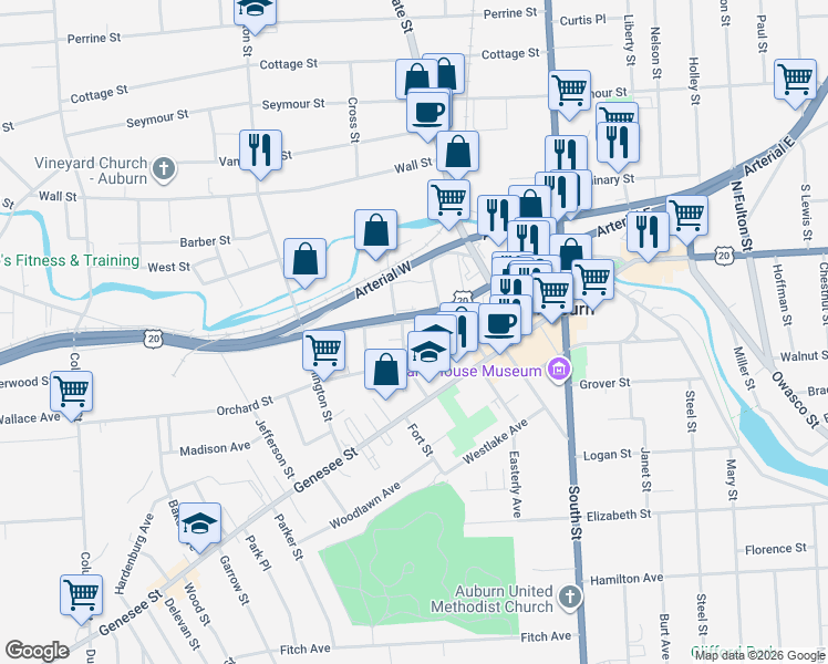 map of restaurants, bars, coffee shops, grocery stores, and more near 56 Clark Street in Auburn
