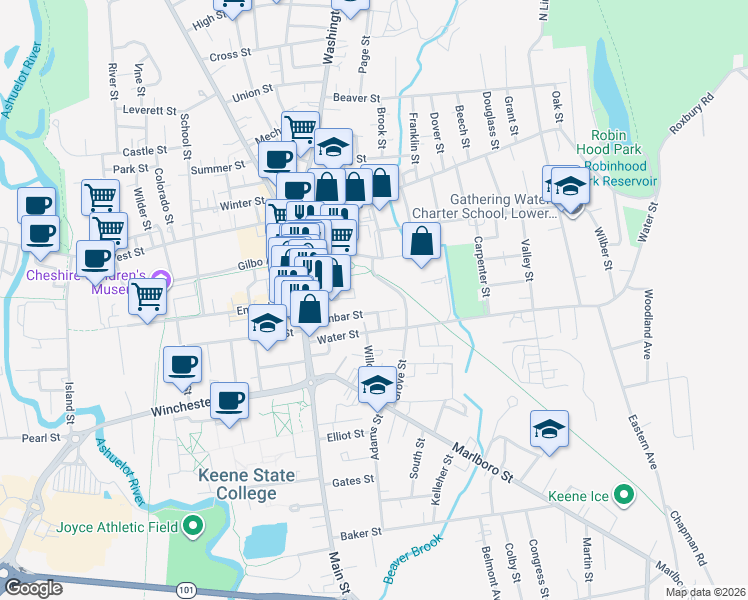 map of restaurants, bars, coffee shops, grocery stores, and more near 63 Community Way in Keene