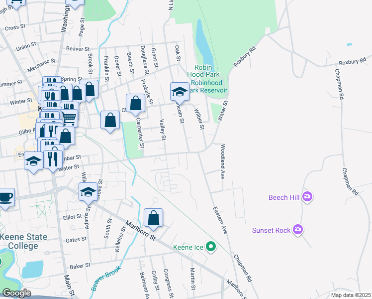 map of restaurants, bars, coffee shops, grocery stores, and more near 171 South Lincoln Street in Keene