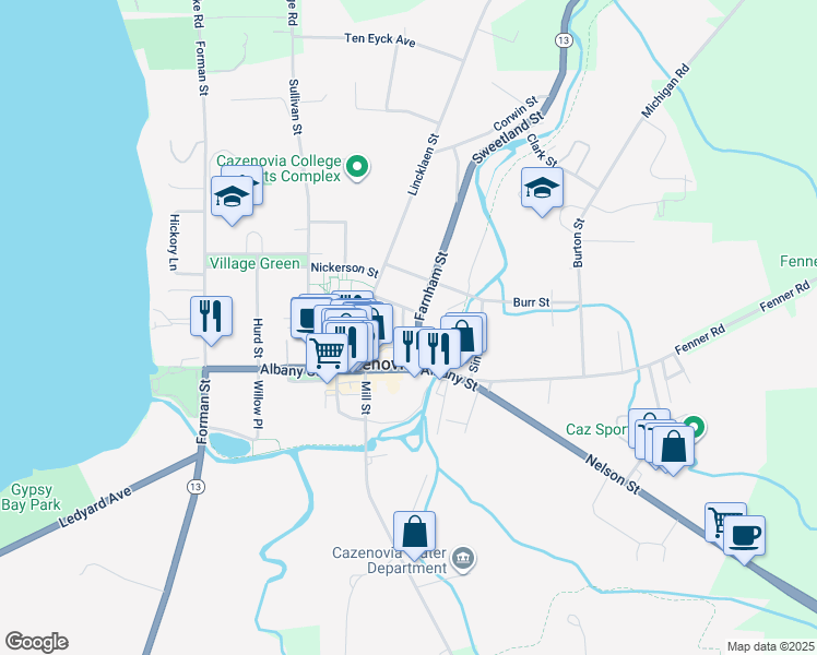 map of restaurants, bars, coffee shops, grocery stores, and more near 21 Center Street in Cazenovia