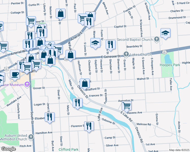 map of restaurants, bars, coffee shops, grocery stores, and more near 18 Chestnut Street in Auburn