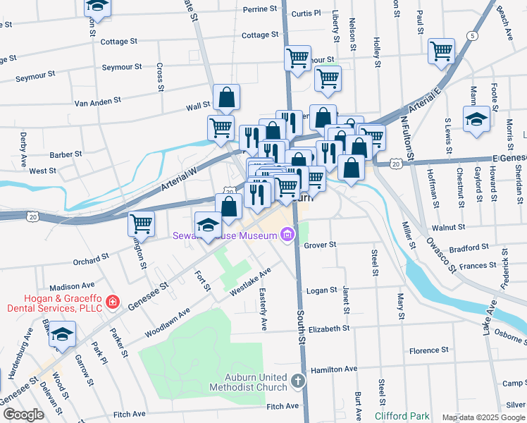 map of restaurants, bars, coffee shops, grocery stores, and more near 103-105 Genesee Street in Auburn