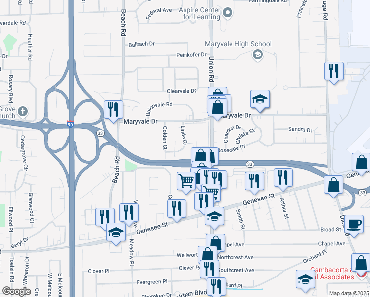 map of restaurants, bars, coffee shops, grocery stores, and more near 49 Linda Drive in Cheektowaga
