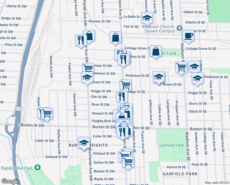 map of restaurants, bars, coffee shops, grocery stores, and more near 29 Griggs Street Southwest in Grand Rapids