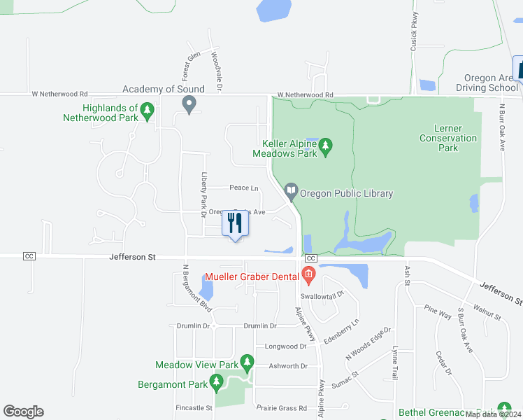 map of restaurants, bars, coffee shops, grocery stores, and more near 803 Peace Lane in Oregon