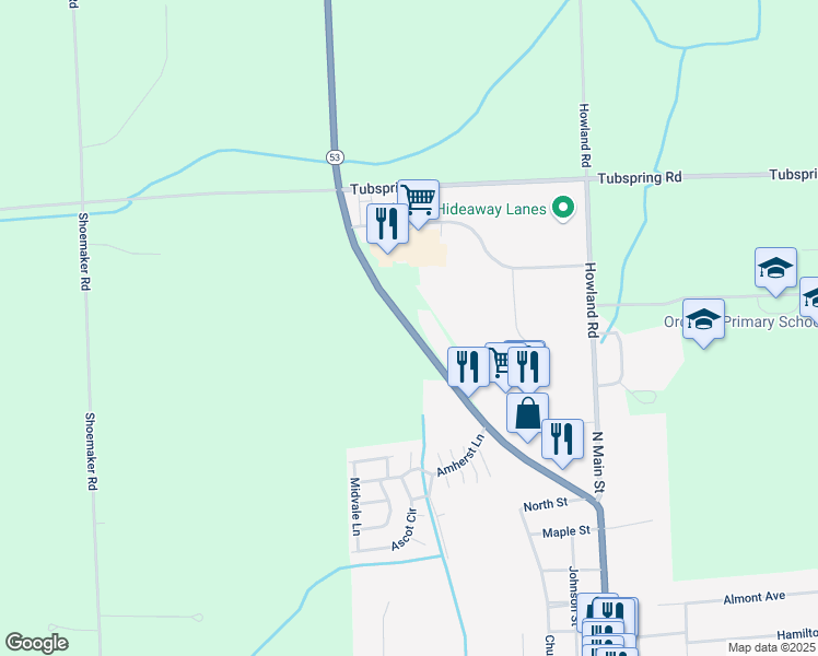 map of restaurants, bars, coffee shops, grocery stores, and more near 4641 Van Dyke Road in Almont