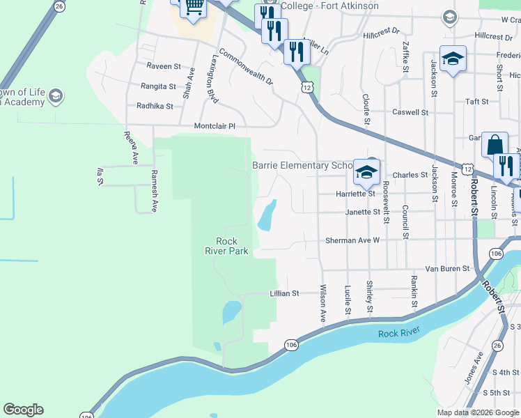 map of restaurants, bars, coffee shops, grocery stores, and more near 1257 Janette Street in Fort Atkinson