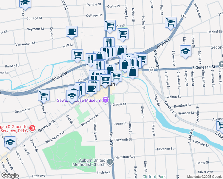 map of restaurants, bars, coffee shops, grocery stores, and more near in Auburn