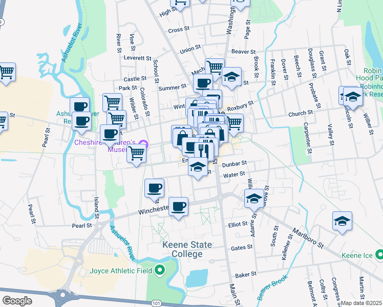 map of restaurants, bars, coffee shops, grocery stores, and more near 79 Emerald Street in Keene