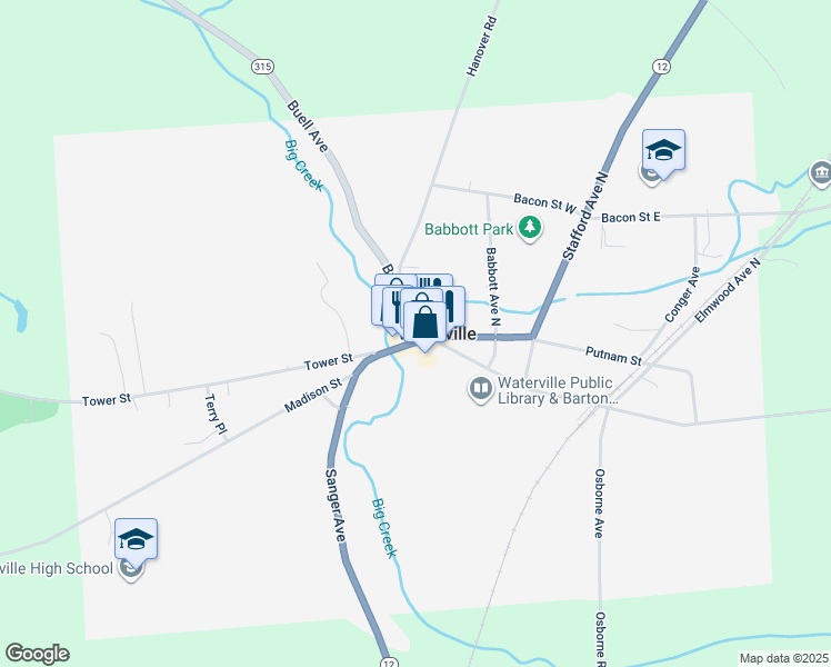 map of restaurants, bars, coffee shops, grocery stores, and more near 122 East Main Street in Waterville