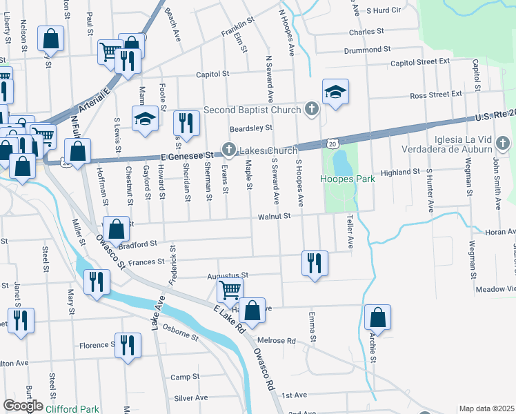 map of restaurants, bars, coffee shops, grocery stores, and more near 24 Maple Street in Auburn