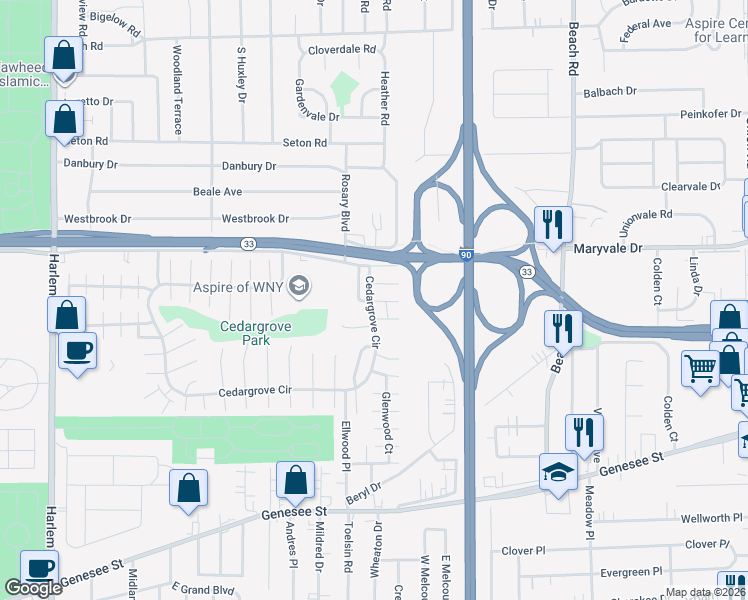 map of restaurants, bars, coffee shops, grocery stores, and more near 9-13 Sandstone Drive in Cheektowaga