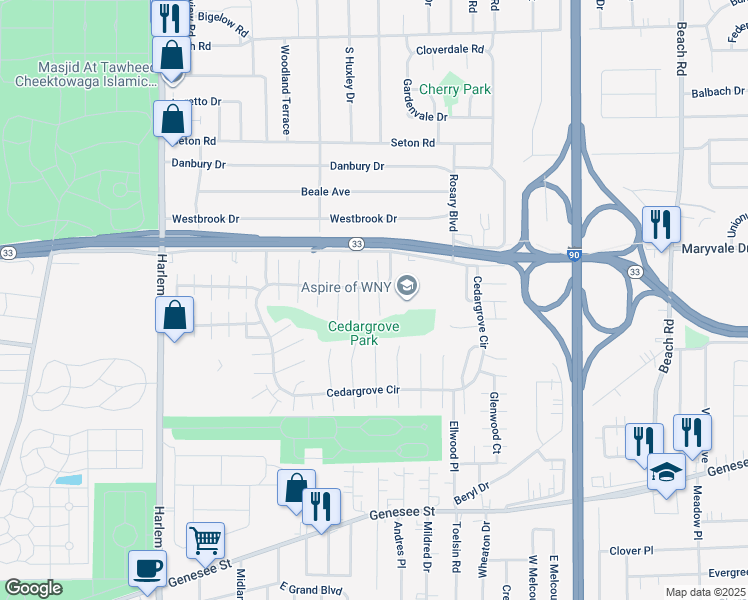 map of restaurants, bars, coffee shops, grocery stores, and more near 17 Idlebrook Drive in Buffalo