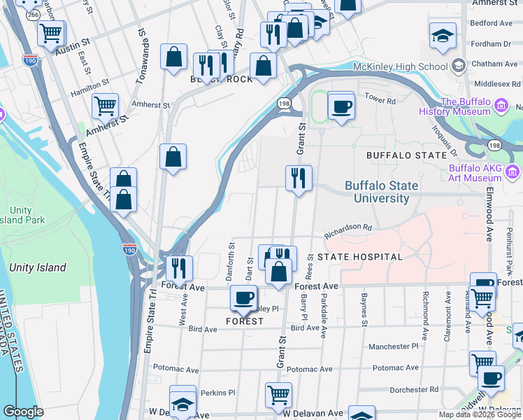 map of restaurants, bars, coffee shops, grocery stores, and more near 135 Dart Street in Buffalo